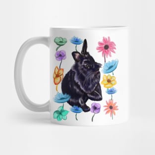 bunny rabbit cute  ebony blue colored coloured lionhead bunny rabbit among watercolor flowers Mug